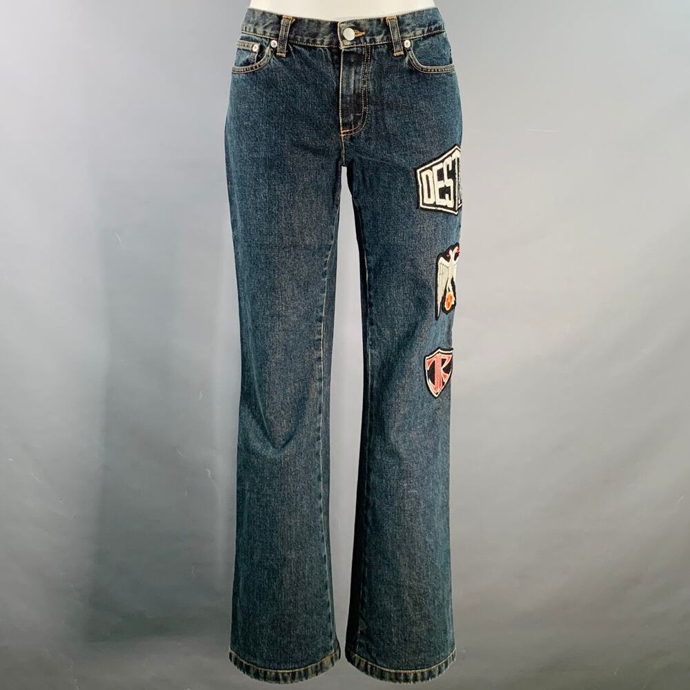 JOHN RICHMOND Size 27 Indigo Black Red Denim Twill Patches Flared Jeans